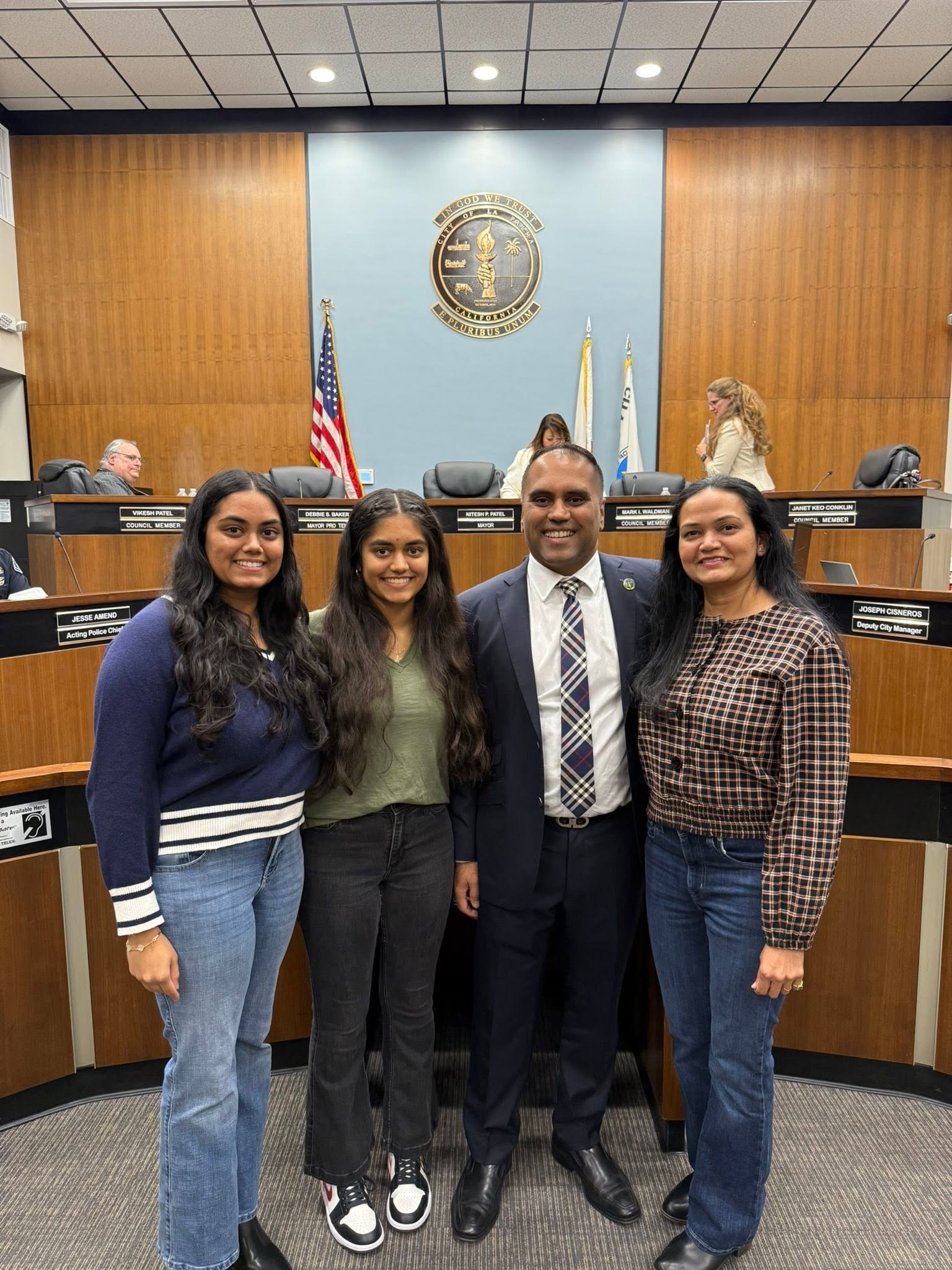 Nitesh Patel with his family in the La Palma City Council chamber